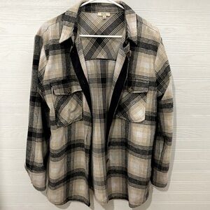 Kori America Plaid Flannel Shacket Womens Tan Black Snap Front Long Sleeve